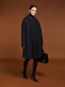 Oversized parka in wool and silk double fabric