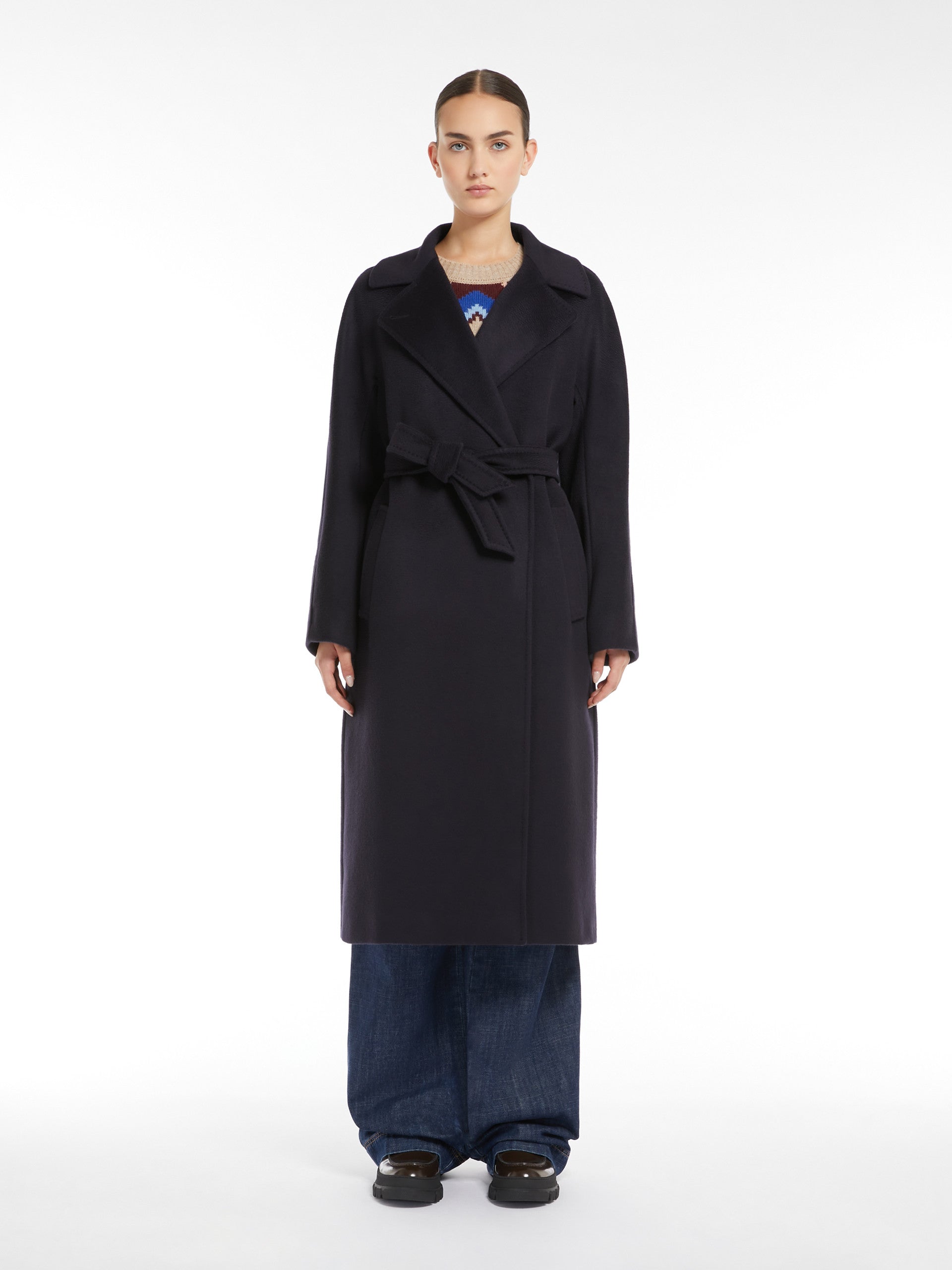 Navy belted wool coat on sale