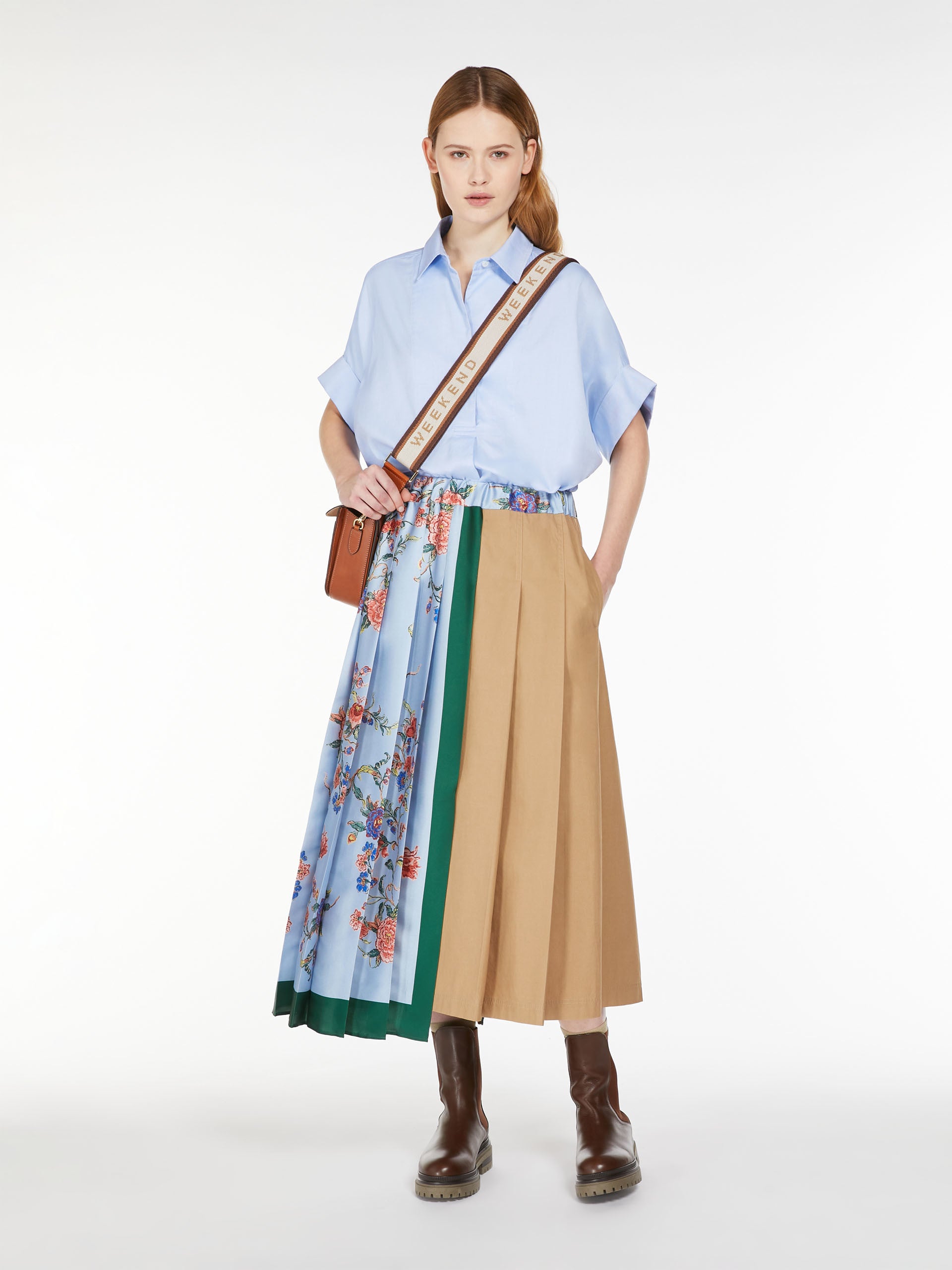 Printed canvas and twill midi skirt