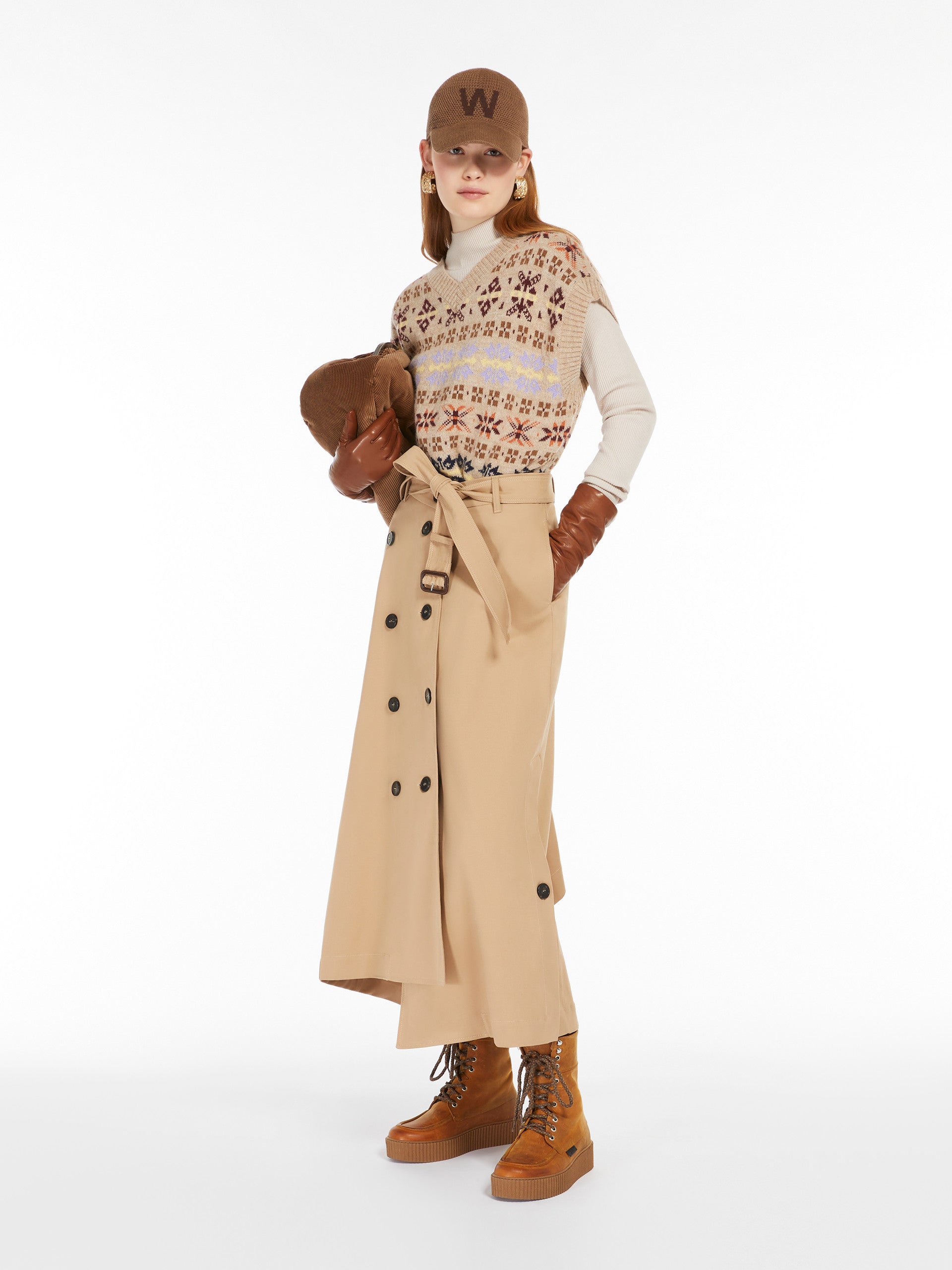 Cotton gabardine trench skirt