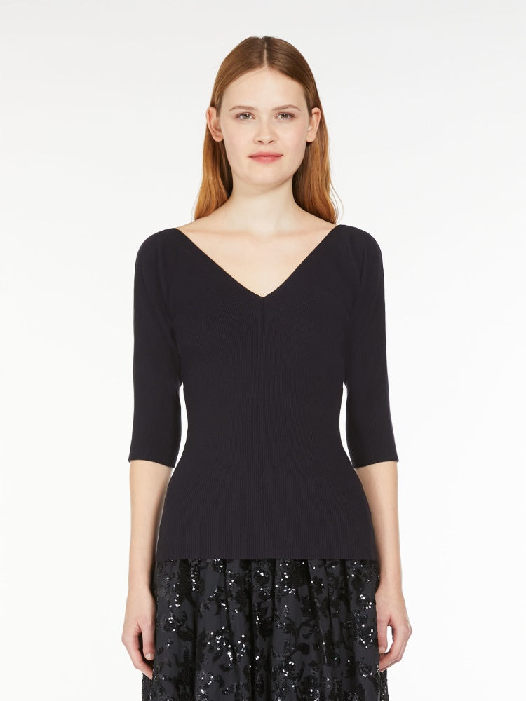 Rib-knit viscose V-neck sweater