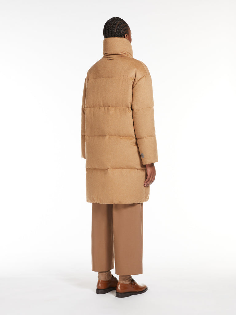 Long, reversible camel colour down jacket