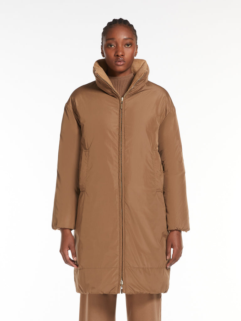 Long, reversible camel colour down jacket