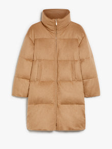 Long, reversible camel colour down jacket